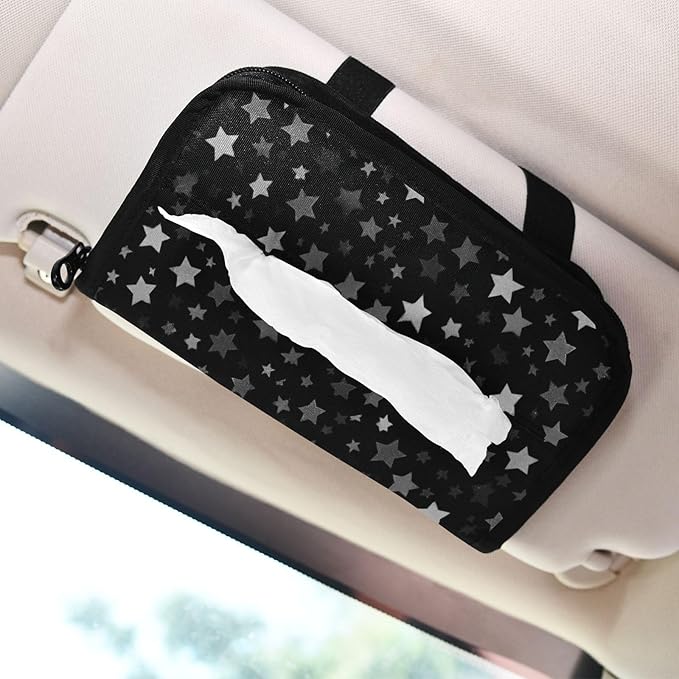 Car Tissue Holder Car Napkin Holder Car Tissue Box Dispenser Storage Case Sun Visor Mask Holder with Adjustable Straps Reusable Refillable Cute Silver and Gray Stars