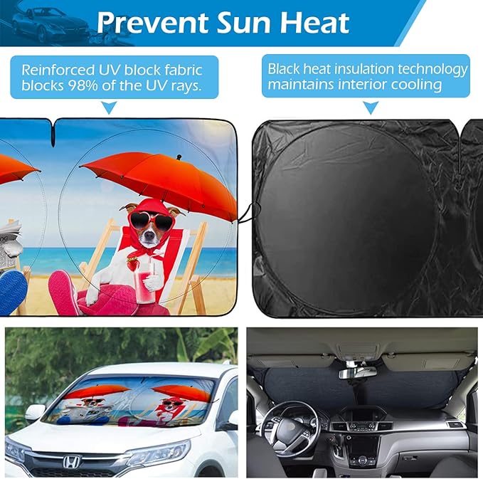 IC ICLOVER Windshield Sun Shade Funny for Car SUV Truck, 240T Polyester Blocks Heat and Sun, Foldable UV Ray Reflector Front Window Sun Shade Visor Shield Cover - 59inchx33inch (Dog with Umbrella)