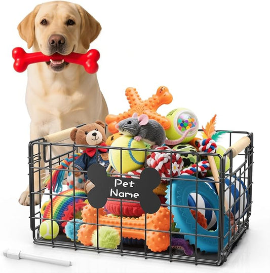 Dog Toy Basket, Chew-Proof Metal Dog Toy Bin with Handles, Pet Stuff Storage Organizer Box for Dogs with Marker Pen, Portable & Foldable Puppy Toys Basket for Living Room, 15''×10.63''×8.27''