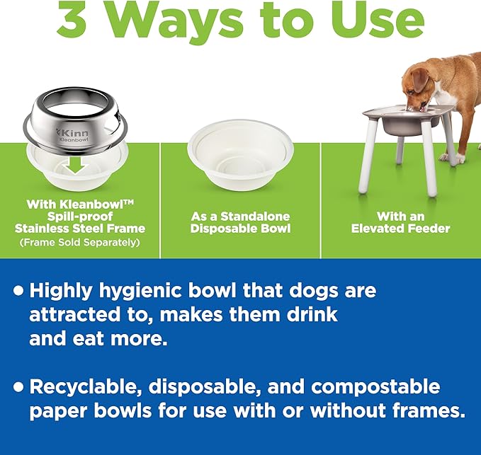 Kinn Kleanbowl Pet Bowl Stainless Steel Frame with Compostable Refills, 16 oz (Pack of 2) – Spill-Proof Stable Disposable Pet Bowls for Easy Cleaning and Healthy Pets, No Plastic