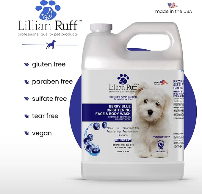Lillian Ruff PRO Formula Berry Blue Brightening Pet Shampoo - Ultra-Hydrating Professional Whitening Dog Shampoo, Vivid Show-Quality Coat Enhancer, Tear Stain & Odor Eliminator, Vitamin B5, 128oz+Pump
