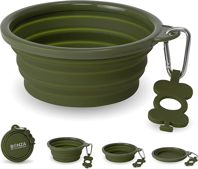 Bonza Collapsible Dog Bowls - Large 33 oz, Dog Travel Accessories, Silicone Portable Dogs Bowl & Water Dish with Reinforced Rim & Carabiner for Hiking, Camping, and Car Trips, Moss Green