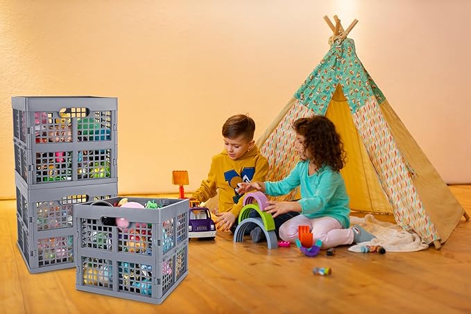 Eslite 3-Pack Collapsible Plastic Storage Crates,Foldable Crates for Storage,16L (Grey)