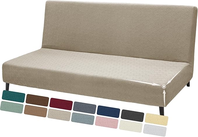 ZNSAYOTX Stretch Fit Futon Cover (67"-82") Armless Futon Sofa Bed Slipcover with Elastic Band, Universal Foldable Sofa Mattress Protector Full Queen Size, Washable Comfort Jacquard (Khaki)