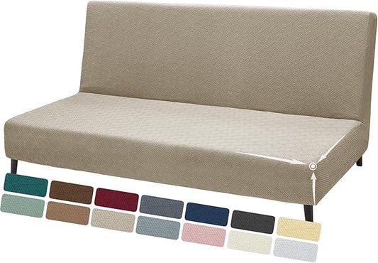 ZNSAYOTX Stretch Fit Futon Cover (67"-82") Armless Futon Sofa Bed Slipcover with Elastic Band, Universal Foldable Sofa Mattress Protector Full Queen Size, Washable Comfort Jacquard (Khaki)