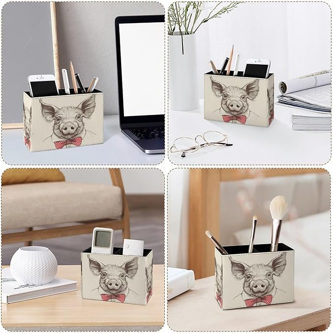 Famame Bow Tie Pig Portrait Pencil Holder for Desk, Leather Desktop Container Pen Cup Storage Study Table Pen Organizer Makeup Brush Holder for Classroom Office Home