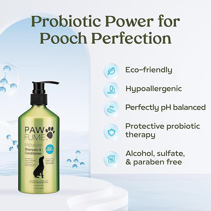 PAWFUME Dog Shampoo and Conditioner, Blue Ribbon, 4-Pack – Nourish & Detangle for a Silky Soft Coat – Probiotic, Deep-Cleaning, pH-Balanced Formula – Puppy Shampoo and Conditioner for All Breeds