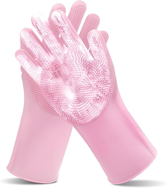 Maiiu Pet Grooming Gloves—Heat Resistant Dog Washing Gloves with High-Density Teeth, Dog Bath Scrubber with Enhanced Five Finger Design, Silicone Gloves for Dogs and Cats Bathing, Massage (Pink)