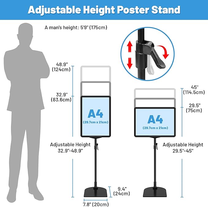 Sign Holder Stand A4, Adjustable Poster Stand for Table Top & Floor, Signage Display Stands, Floor Standing Sign Holder for Advertisement, Tradeshow, Store, Business, 2 Pack