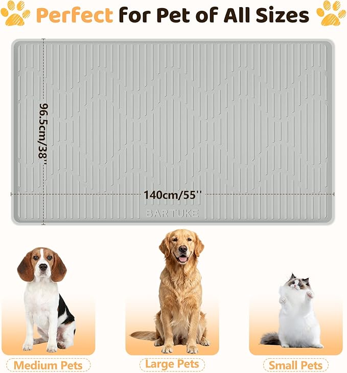 Silicone Cat & Dog Food Mat, 55" x 38" Extra Large Pet Feeding Mat for Cats and Dogs Bowl, Pet Placemat for Food and Water with Raised Edge, Waterproof, Leakproof (Grey)