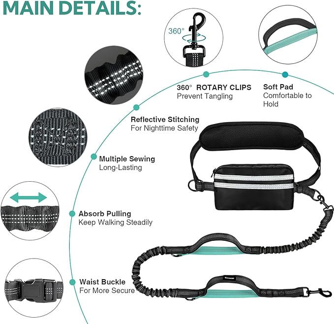 Hands Free Dog Leash with Pouch, Adjustable Waist Belt with Double Padded Handles, Waist Leash for Dog Walking Accessories, Olive
