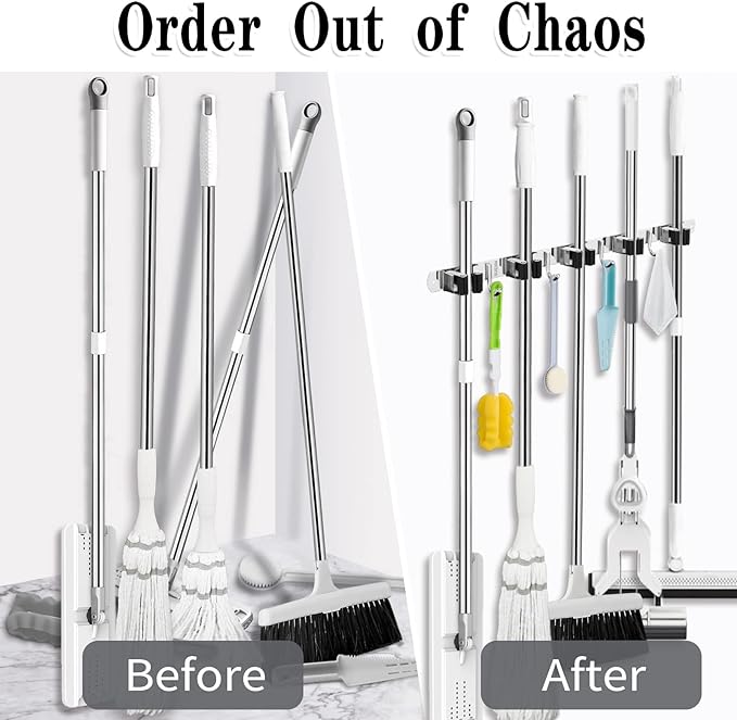AceMining 5 Racks and 4 Hooks Mop and Broom Holder Wall Mount, Broom Organizer Storage Tool Racks Stainless Steel Heavy Duty Hooks Self Adhesive Solid Non-slip for Home Kitchen Garden Laundry Garage