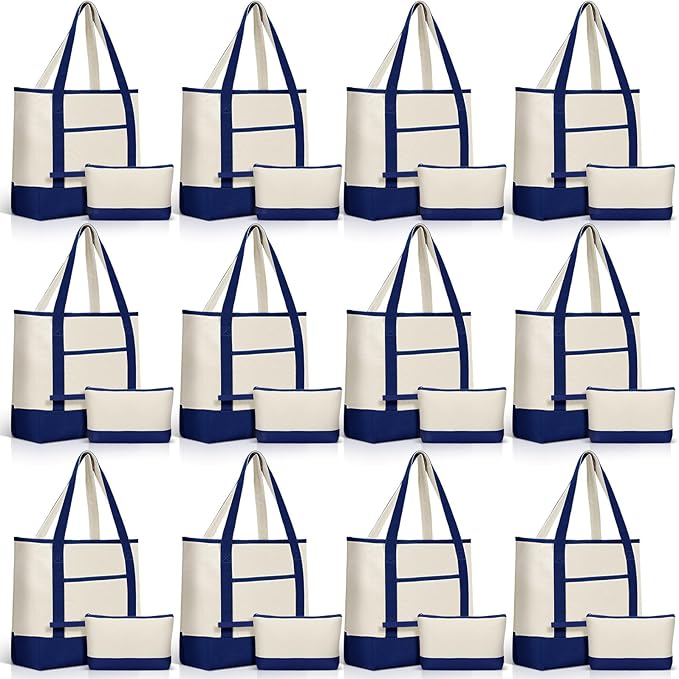 Sanwuta Canvas Tote Bags Bulk with Outer Pocket and Makeup Pouch 18'' Reusable Grocery Bags with Handles for Women Beach DIY
