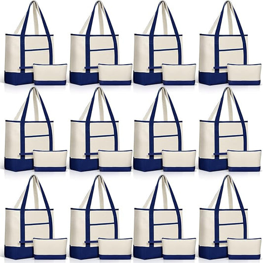 Sanwuta Canvas Tote Bags Bulk with Outer Pocket and Makeup Pouch 18'' Reusable Grocery Bags with Handles for Women Beach DIY