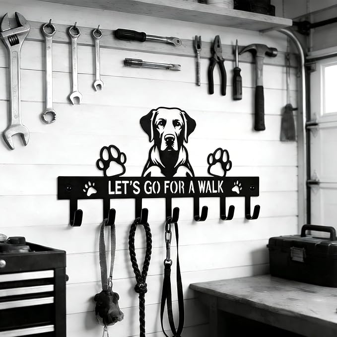 Labrador Key Holder Wall Mount, Dog Leash Holder with 7 Hooks, Metal Key Rack for Entryway Front Door, Black Wall Key Hanger, Labrador Decor Accessories Gift, Decorative Dog Storage Organizer