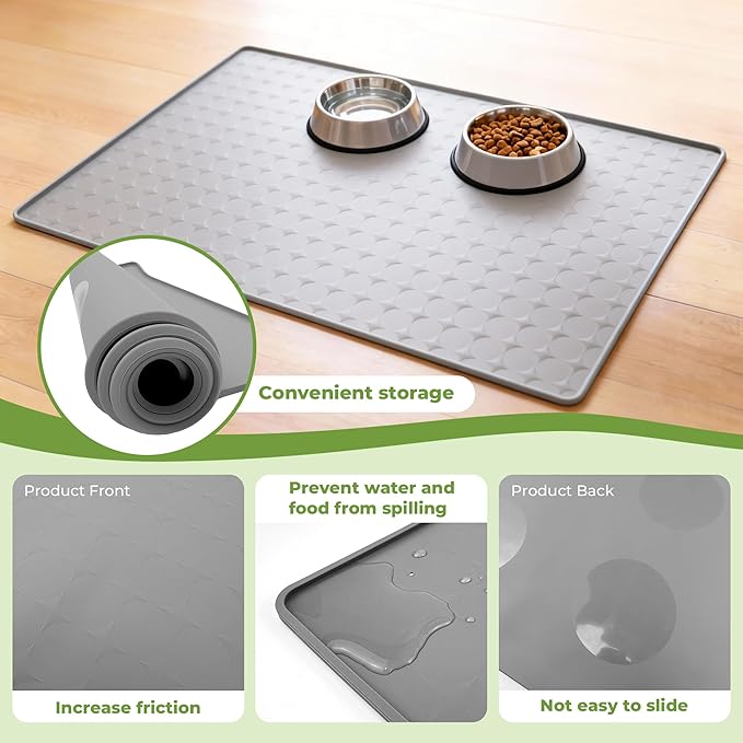 Extra Large 34x22 Inch Machine Washable Silicone Pet Food Mat - Waterproof Dog & Cat Bowl Mat with Raised Edge, Non-Slip Floor Protector for Large Dogs, Multi-Pet Homes (Grey)
