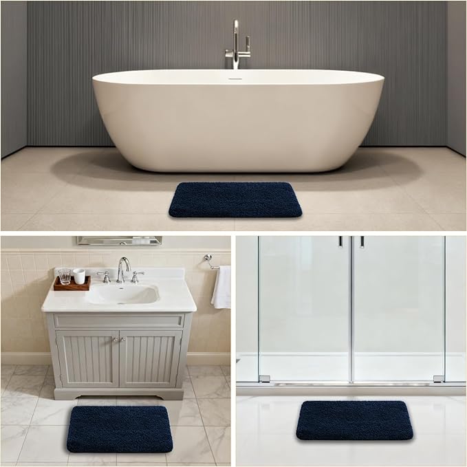 Navy Blue Bathroom Rugs 17"x24" - High-Density Microfiber Bath Mat, Fluffy Non Slip Absorbent and Washable Bathroom Mat - Ideal for Small Spaces, Vanity, Toilet, or Pet Mat
