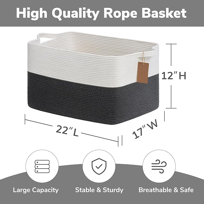 Goodpick Woven Storage Baskets for Organizing 22”x17”x12” Large Blanket Basket for Living Room Bedroom, Rectangle Toy Baskets Storage Kids with Handles, Dark Gray