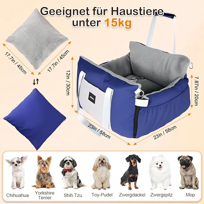 Dog Car Seat for Small Dogs with Extension Zone, Portable Washable Travel Bed for Pets up to 30 lbs, Booster Seat for Front Seat & Camping, Includes Harness Clip – Blue