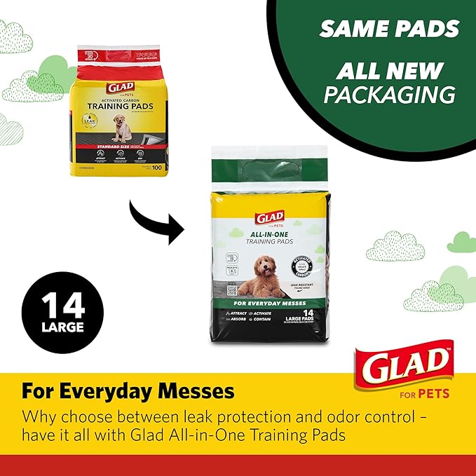 Glad for Pets Black Charcoal Puppy Pads, 23 x 23 Inch, 6-Layer Leak-Resistant Design, Activated Carbon Odor Control, Pheromone Attractant for Potty Training, 14 Count - 2 Pack