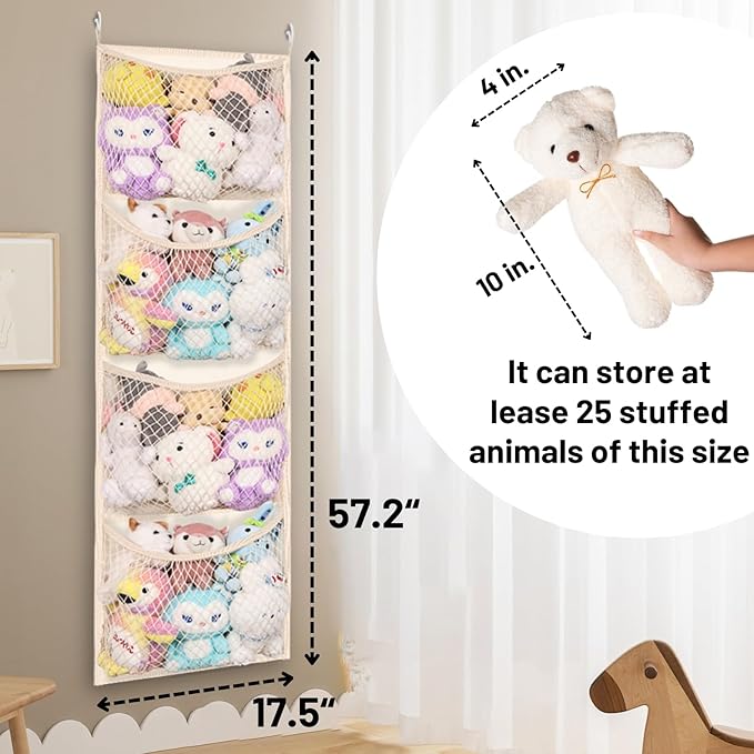 Over The Door Stuffed Animal Storage, Cotton Toy Organizer for Storage Plush Toys,Baby Supplies, Stuffed Animal Holder with 4 Large Pockets, Hanging Door Organizer for Nursery, Bedroom, Kids Room
