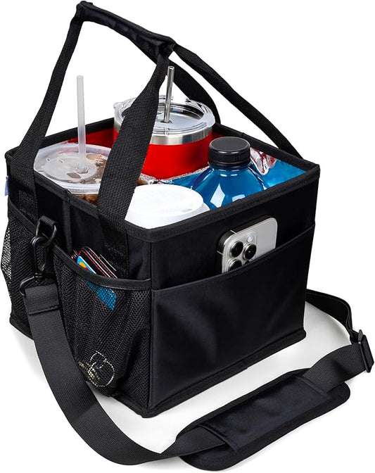 Reusable Drink Carrier with Handle – Tip-Resistant 4 Cup Carrier with Shoulder Strap for Delivery – Insulated, Foldable, Adjustable Dividers – Portable Caddy Tote Bag, Drink Holder for Car