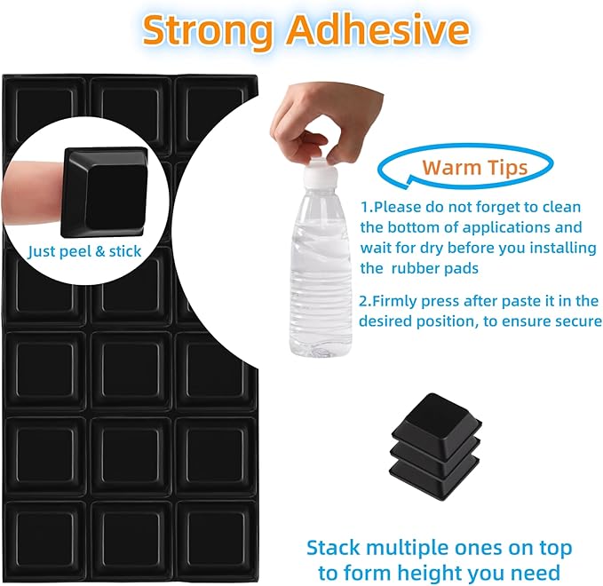 Furnigear Rubber Feet Self Adhesive Pads Door Bumpers Large - Stick on Feet for Electronics, Speakers, Furnitures, Appliances, Audio Equipment, Laptop - Black Tall Square (54pcs)