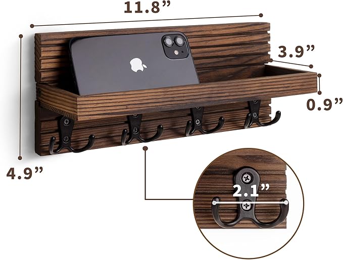 Natural Wooden Key Holder - Wall Mounted Mail Organizer and Key Hanger - Rustic Farmhouse Entryway Shelf with 4 Double Hooks - Decorative Rack for Car Keys, Wallet (Dark Brown)