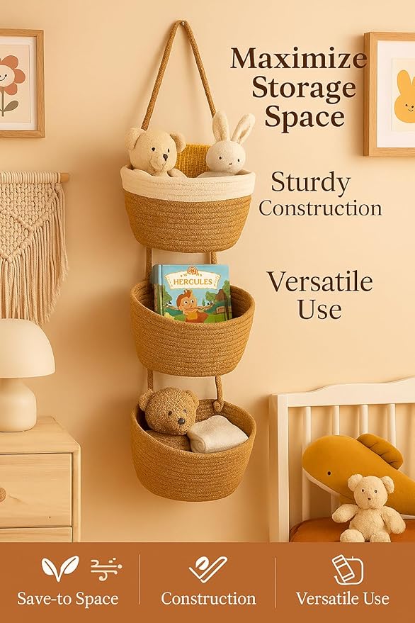 Japanese Handmade Cotton Rope Hanging Basket Organizer – 3 Tier Wall boho Storage Organizer for Toys , Snacks & Décor – Eco-Friendly Coiled Weaving Craft, Housewarming & Shower Gift (brown)