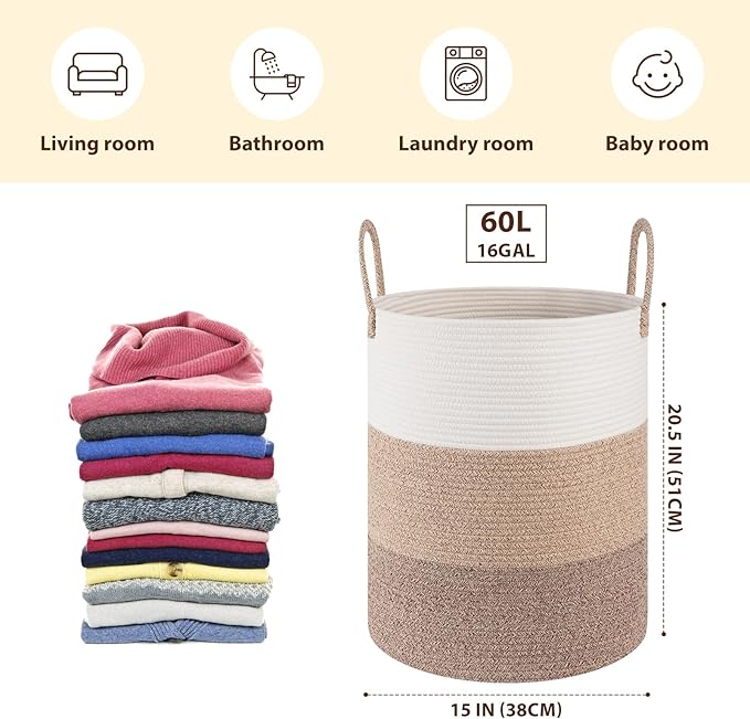 OIAHOMY Large Laundry Basket Hamper - 60L Cotton Rope Woven Basket for Blankets, Toys, Clothes - Tall Decorative Nursery Hamper with Long Handles, Gradient Brown