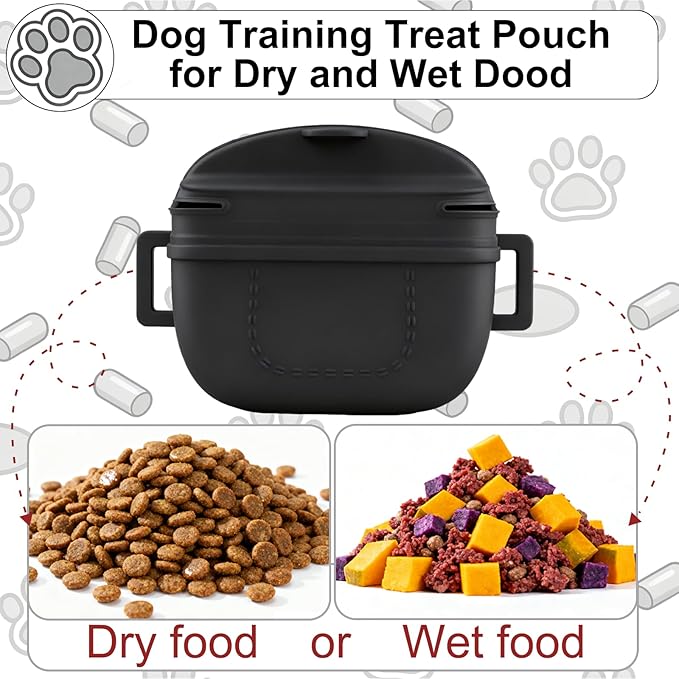 Upgraded Dog Treat Pouch, Stronger Magnetic Closure to Prevent Spilling, 1.7 Cup Silicone Fanny Pack with Waist Belt for Dog Training Walking(Black)