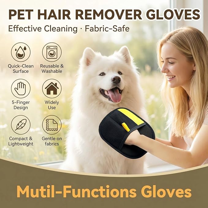 Electrostatic Pet Hair Removal Gloves for Cats & Dogs–Upgraded Reusable Magic Brush Tool for Quick Wiping on Couch, Carpet, Laundry, Car Seat & Pet Beds(3PC-Yellow