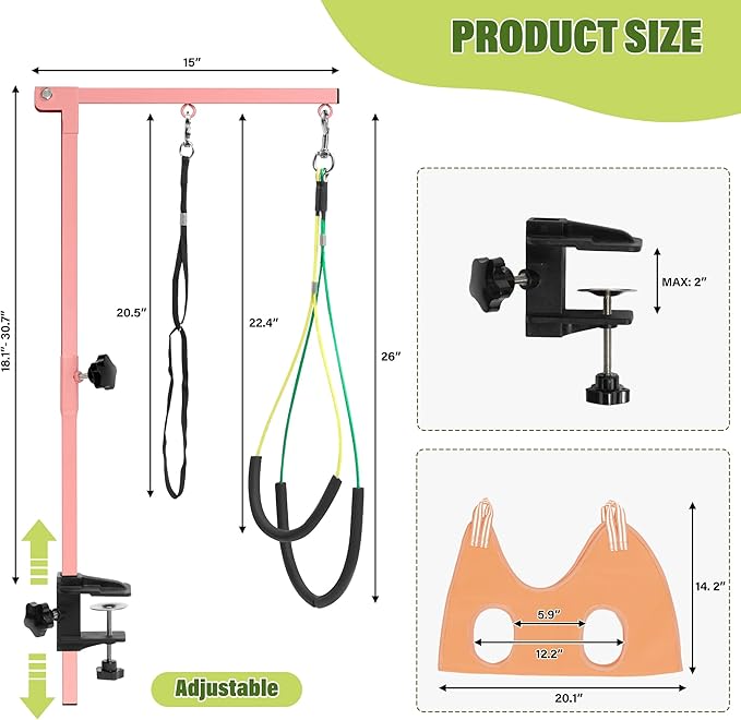 Dog Grooming Arm with Pet Grooming Hammock, 35" Pet Grooming Table Arm with Adjustable No Sit Haunch Holders, Dog Grooming Stand with Loop Noose for Small and Medium Pets, Pink