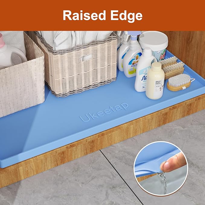 Extra Thick Silicone Mat Waterproof with Raised Edge 34" x 22", Under Sink Mat for Kitchen & Bathroom, Kitchen Cabinet Liner, Multi-Purpose for Storage & Protection, Blue
