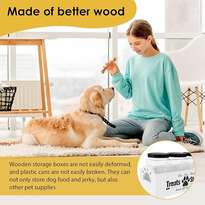 KarHoeGern Dog Treat Container for Countertop Dog Food Storage with 3 Plastic Treat Jars Wood Dog Food Container with Handles and Lids Farmhouse Practical Pet Cat Dog Treat Storage Containers (white)