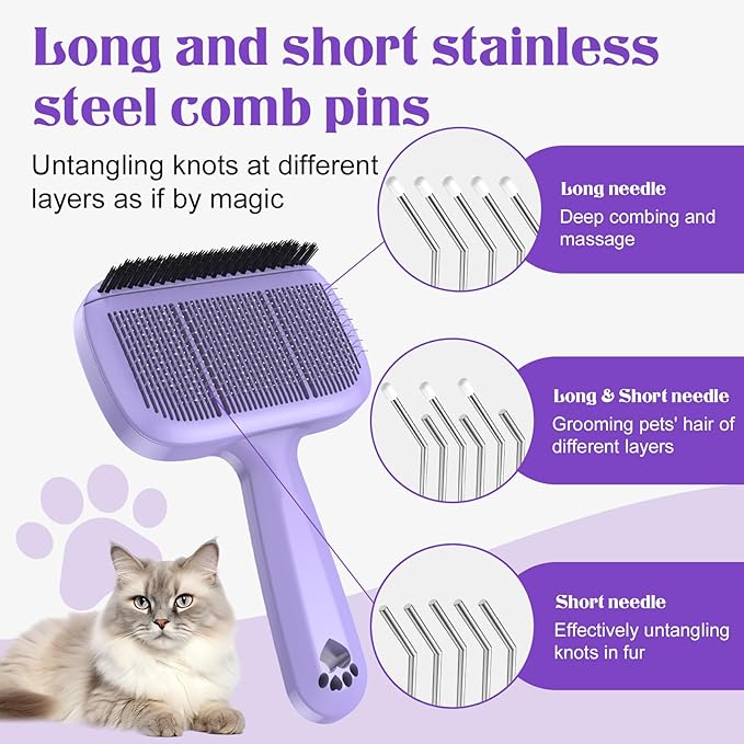 Self Cleaning Dog Brush for Shedding - Bristle Brush and Long/Short Needles Design, Skin Friendly, Slicker Deshedding Dog Brush, Hair Removal for Long & Short Haired Pets (Purple)