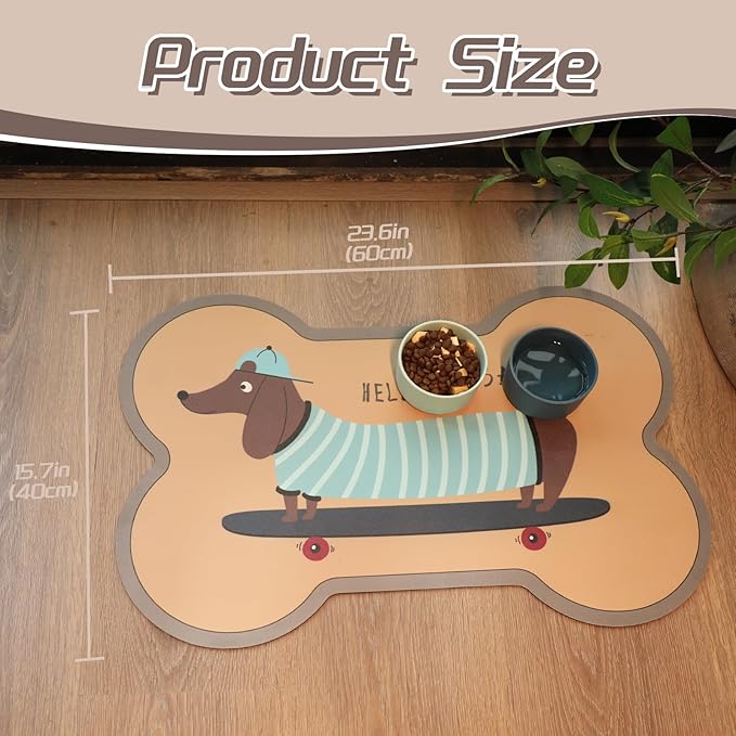 Le couranT Plastic Placemat for Food and Water Bowl, Absorbent-No Stains Quick Dry Dog Water Bowl Dispenser with Waterproof-Anti-Slip Backing Pet Placemat for Messy Drinkers, Lovely dachshund-16x24 in