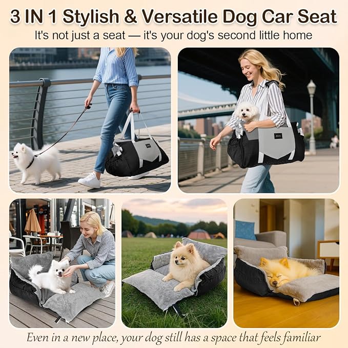 Dog Car Seat for Small Dogs – Pet Safe Soft Booster Car Seat with Side Flaps, Nonslip Base & Clip-On Leash, Storage, Portable Travel Bed Puppy Bags for Outdoor, Holds Up to 25 lbs, Black