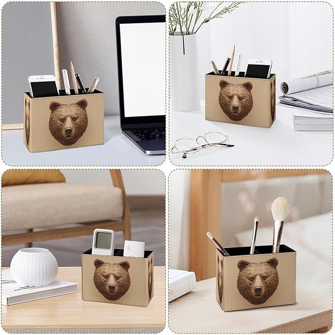 Famame 3D Bear Head Print Pencil Holder for Desk, Leather Desktop Container Pen Cup Storage Study Table Pen Organizer Makeup Brush Holder for Classroom Office Home