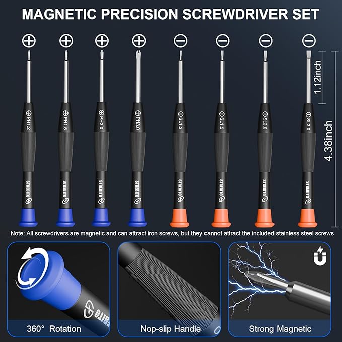 STREBITO Glasses Repair Kit, All-in-One Eyeglass Repair Kit with 16 Sizes of Screws, 12 Pairs of Nose Pads & Tweezer, Precision Screwdriver Set for Glasses, Sunglasses, Watches & Small Electronics