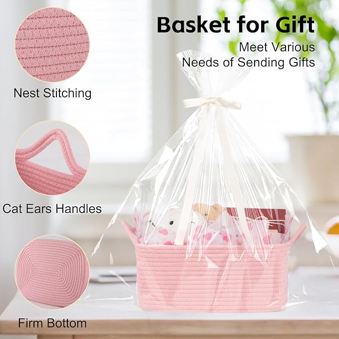 OIAHOMY Woven Basket, Gift Basket Empty with Gift Bags Ribbons and Wrap Tissue Paper, Rope Baskets for Baby Showers, Storage Baskets with Handles for Nursery, Pet Toy Organizer - Valentine's Pink