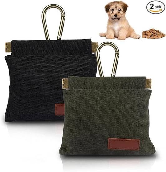 2Pcs Dog Treat Pouches for Pet Training, Hand Free Puppy Dogs Treat Bag with Carabiner, Portable Auto Closing Pet Dog Walking Bag for Travel or Outdoor Use, Pets Feed Snack Reward Pocket- Black, Green