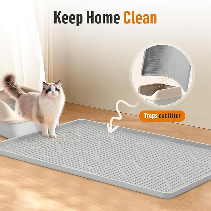 Silicone Cat Litter Mat, 24" x 17" Large Cat Litter Box Mat Litter Trapping Mat for Scatter Control, Waterproof, Soft on Kitty Paws, Clean Floor (Grey)