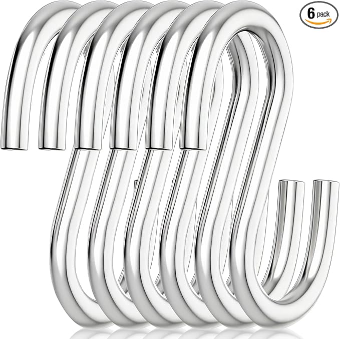 6 Pack Heavy Duty S Hooks, 3.2 Inch 304 Stainless Steel S Hook, s Shaped Hook, Grade Quality Utility Hooks for Hanging Hammock Stand, Swing, Plants
