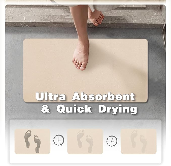 Bathroom Mat Quick Dry, Bathroom Rugs Non Slip Washable Thin Absorbent Bath Mat Fits Under Door Bathroom Floor Mat Perfect for Bath, Shower, or Sink 16"x24" Beige
