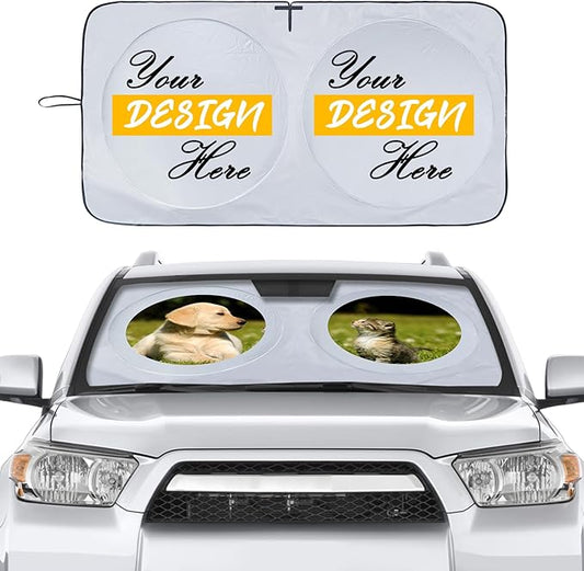 Custom Car Windshield Sun Shade, Personalized Foldable Front Window Sun Visor Protector Shield with Your Customized Photo Text Logo Design, Fits Most Sedans, SUVs, Vans, MPV, Trucks (Large)