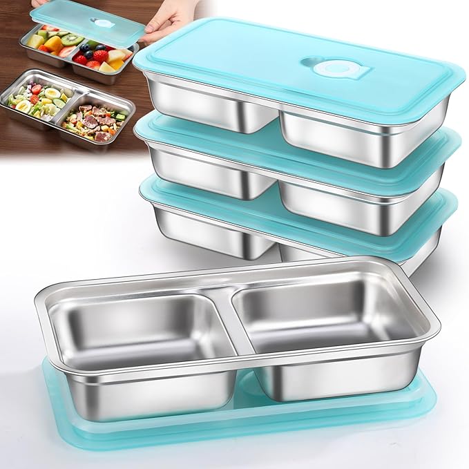 4 Pack Stainless Steel Snack Containers Reusable, Grab and Go 2 Compartment Food Storage Meal Prep Containers with Lids Stackable for Travel Camping School Lunch, Gifts for Gym Home Cooks