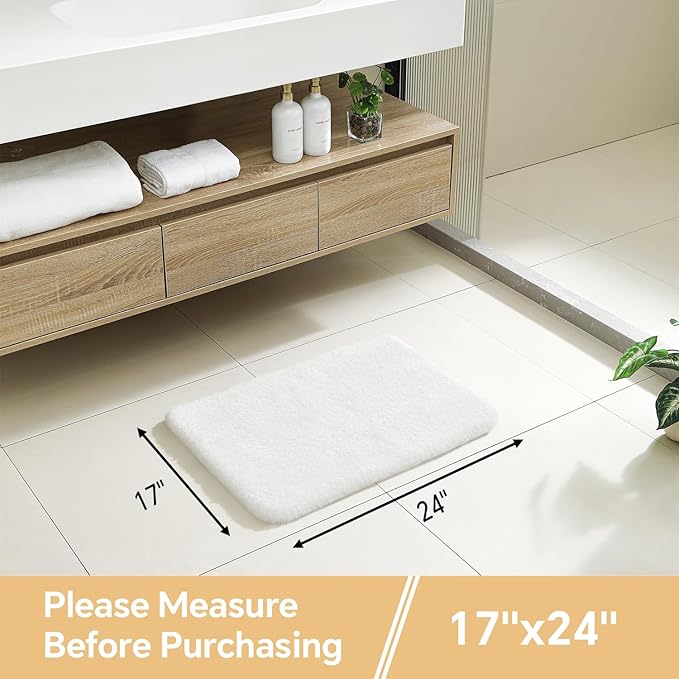 White Bathroom Rugs 17"x24" - High-Density Microfiber Bath Mat, Fluffy Non Slip Absorbent and Washable Bathroom Mat - Ideal for Small Spaces, Vanity, Toilet, or Pet Mat