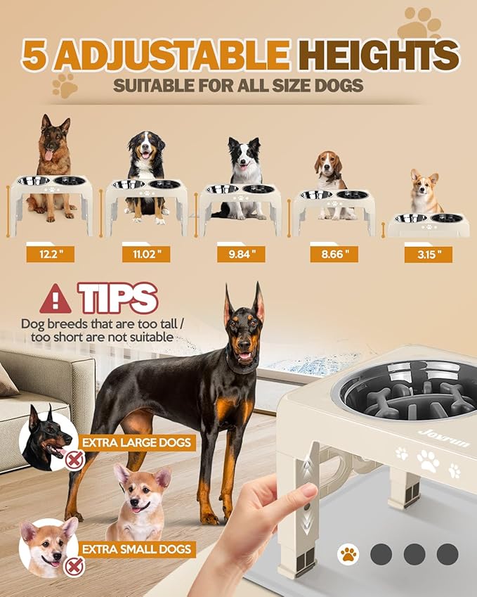 Jovrun Elevated Dog Bowls, Dog Feeder with Stainless Steel Dishes & Slow Feeder Bowl, 5 Heights Adjustable Raised Stand for Medium Large, Food Dishes with Non-Slip Feet