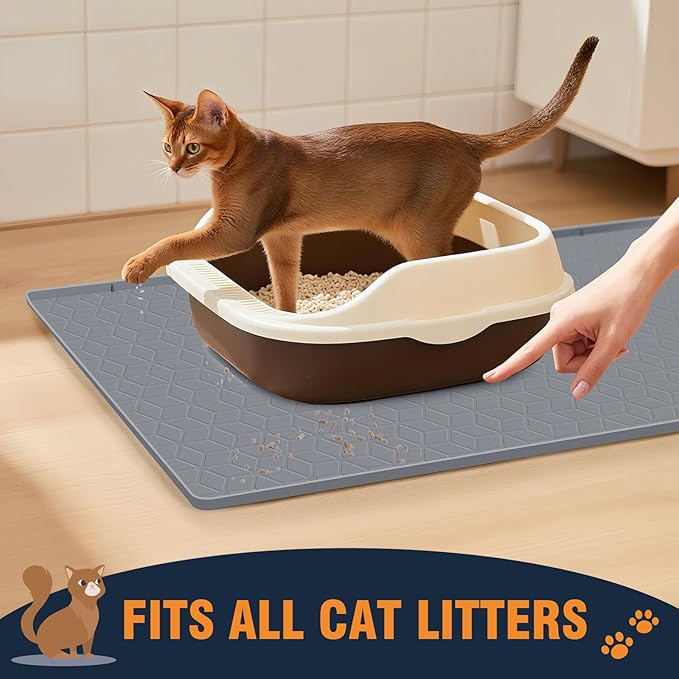 Large Cat Mat for Litter Box, 34"x22" Waterproof Silicone Mat with Litter Trapping, Easy Clean & Non-Slip Floor Pad for Indoor Cats, Khaki